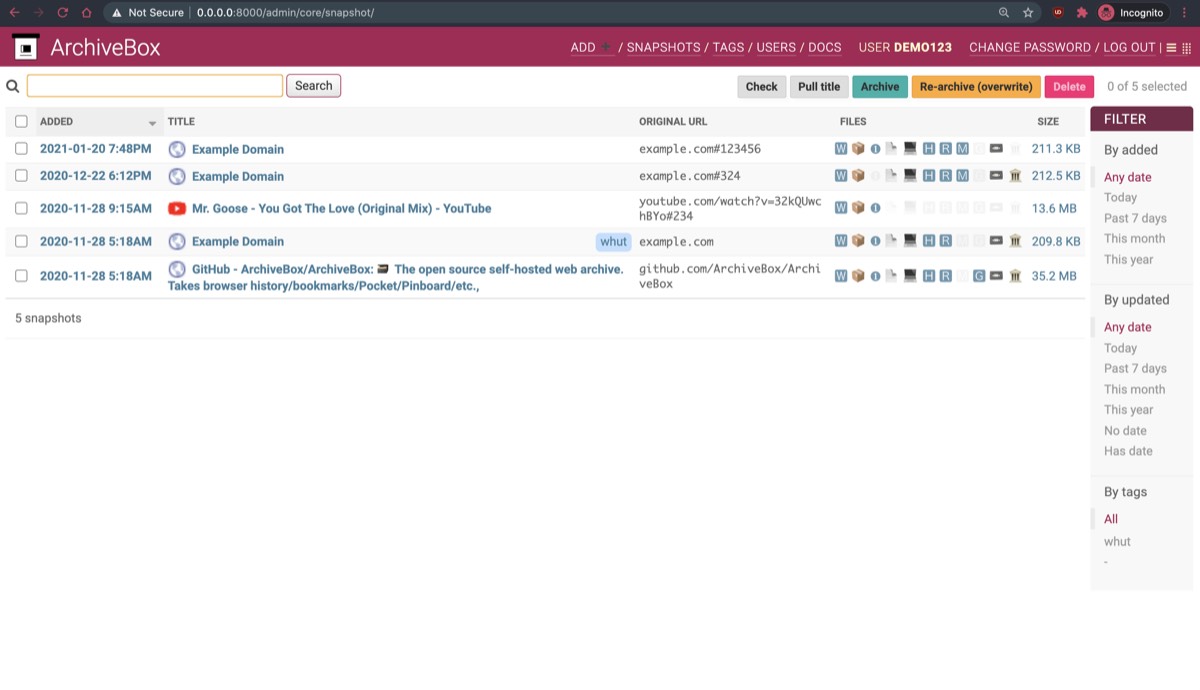 ArchiveBox interface